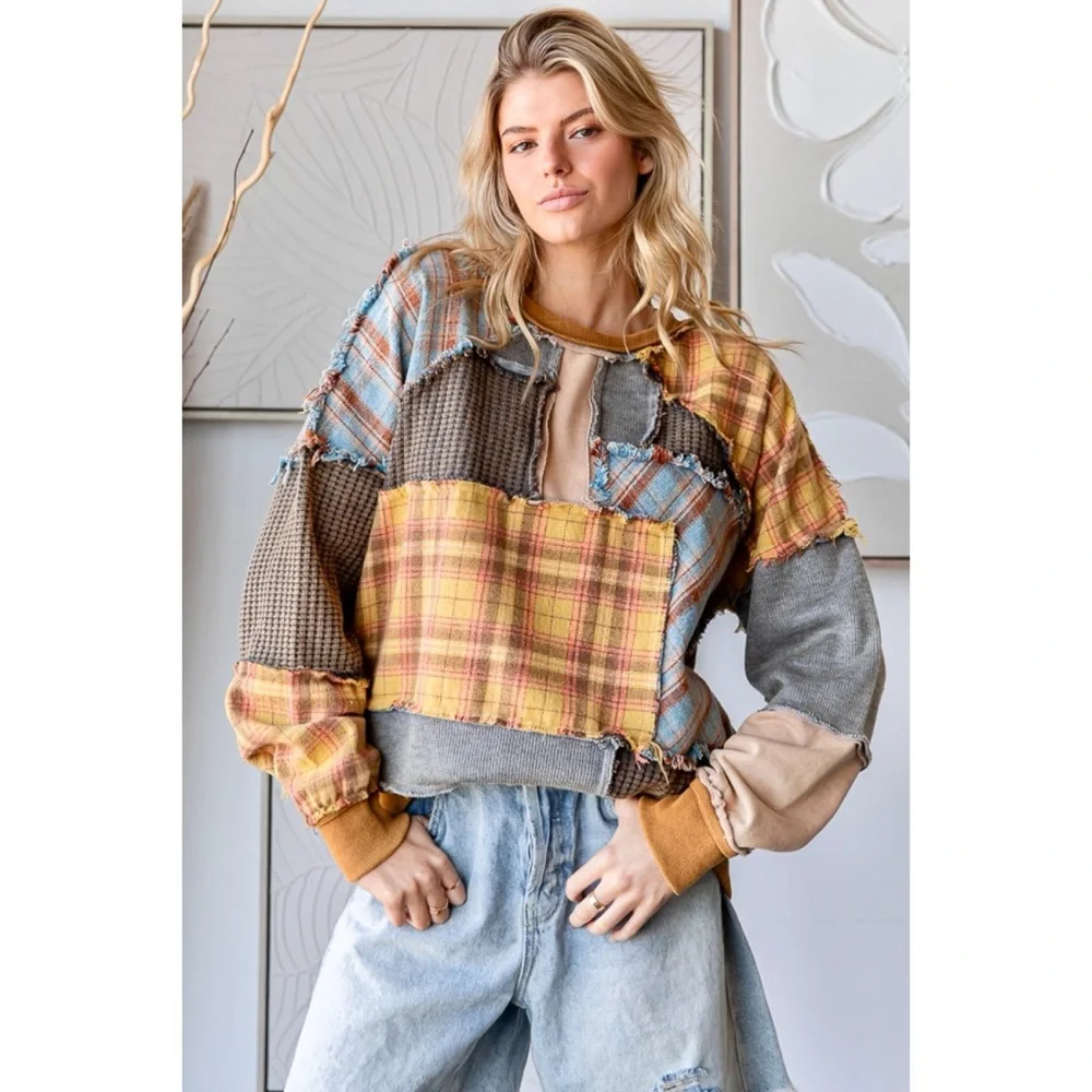 Oli & Hali Washed Mixed Fabric Plaid Pullover in Mustard Combo - Picture 6 of 14